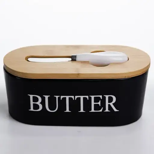 Маслянка порцелянова Yiwu з бамбуковою кришкою та ножем для масла чорний CYT-B - фото 1