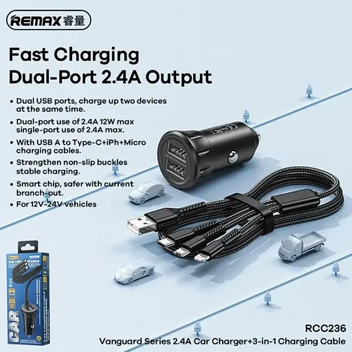 Зарядка авто REAMX Vanguard Series 2.4A Car Charger RCC236 чорний - фото 2