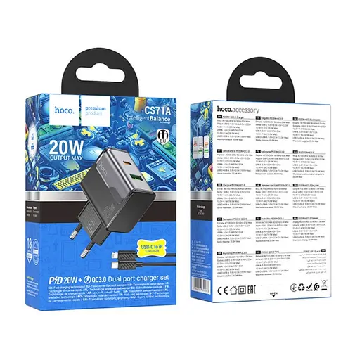 Мережевий зарядний пристрій Hoco CS71A Star Speed PD20W+QC3.0 charger set(Type-C to iP)(EU) Чорний - фото 2