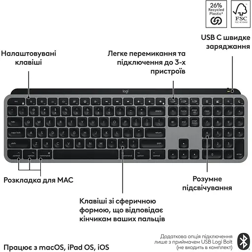Клавіатура Logitech MX Keys S for Mac Space Grey 920-011637 (138844) - фото 6