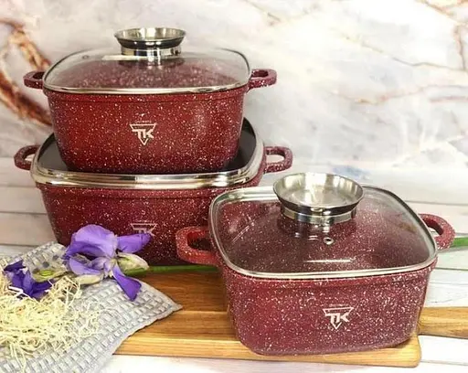 Набор квадратных кастрюль Top Kitchen TK00025 с мраморным покрытием 6 предметов Красный - фото 2