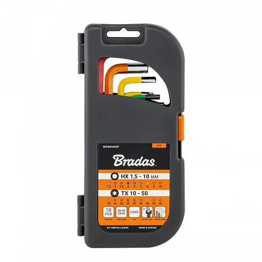 Набір торцевих і шестигранних ключів Bradas з кулястим наконечником HX 1,5-10 мм TX 10-50 18 шт, довгий (DIY-HKBT42-LO/BOX) - фото 1