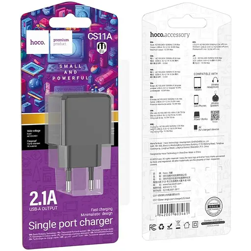Сетевое зарядное устройство Hoco CS11A 1USB 10.5W 5V/2.1A Black - фото 2