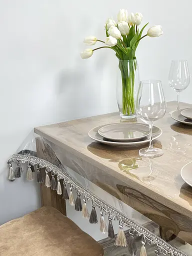 Скатертина силіконова з сіро-молочною бахромою 340х160 см - фото 4