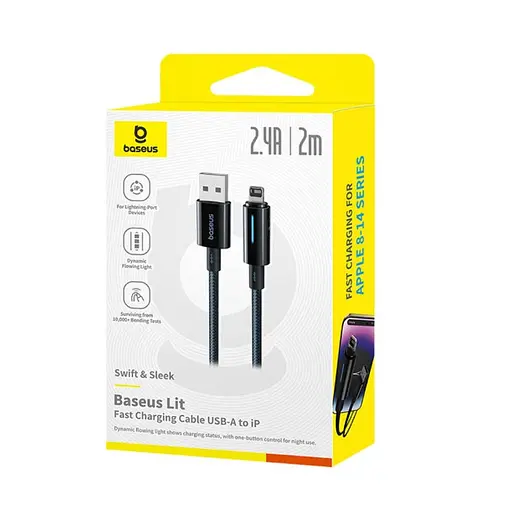 Кабель Baseus Lit Button-Control Fast Charging Data Cable USB-A to iP 2.4A 2 м Чорний - фото 2