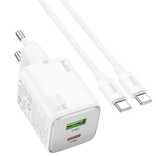 МЗП Hoco N41 Almighty PD20W+QC3.0 (1USB-A/1C) + кабель Type-C to Type-C White - фото 3