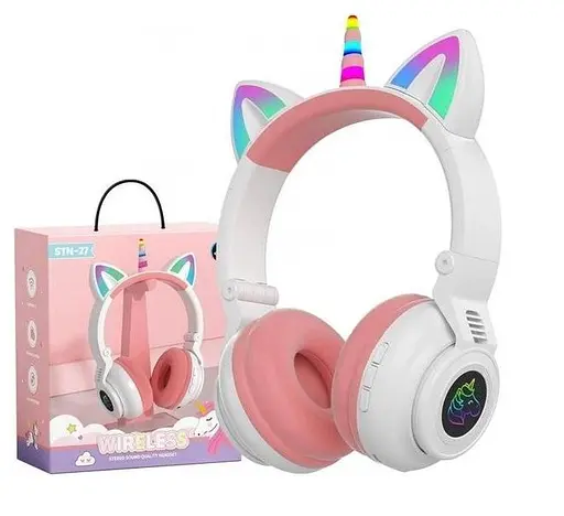 Навушники накладні Unicorn блютуз з LED-підсвіткою й вушками (STN27K) Білі - фото 3