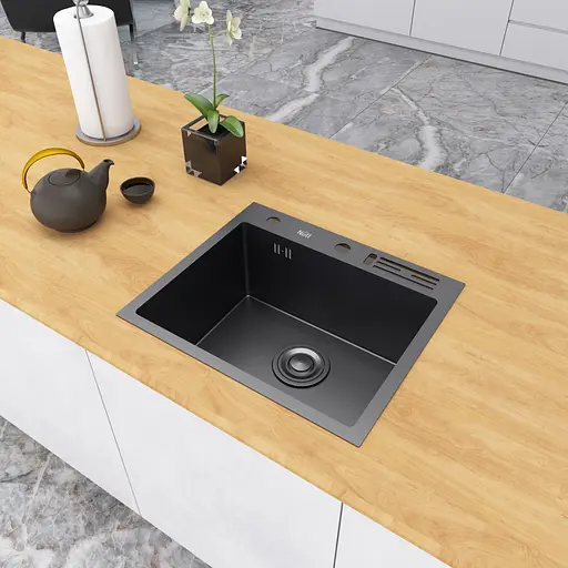 Кухонная мойка черная 45 см накладная из нержавеющей стали Nett NВ-5245, Черный - фото 6