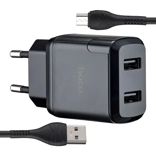Мережевий зарядний пристрій Hoco N7 Speedy dual port charger set Lightning ( EU ) Чорний - фото 1