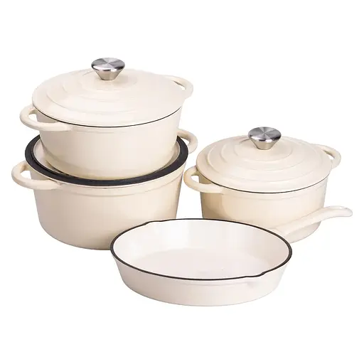 Набор чугунной посуды 1/2/3/4 л эмалированный 3 кастрюли сковорода, комплект кухонной утвари для приготовления Бежевый HP-1-6-WHITE - фото 3