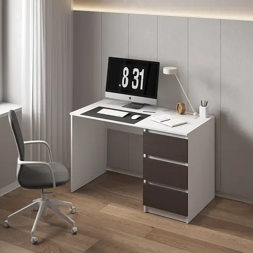 Комп'ютерний стіл Vays, письмовий, сучасний, з тумбою справа, 3 шухляды з фасадами без ручок R-1 Білий-Венге Темний фасад