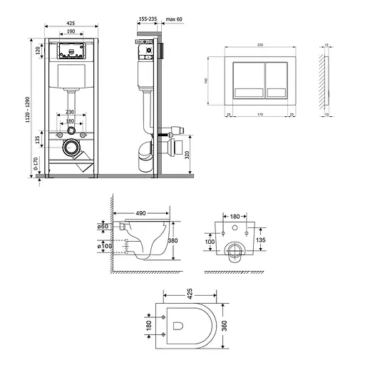 Подвесной унитаз Qtap Taurus Ultra Quiet + инсталляция Qtap Nest 4 в 1 (квадратная клавиша Satin), Черный - фото 2