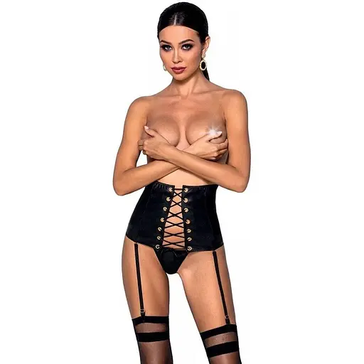 Пояс-корсет з екошкіри CELINE Set black - Passion: шнурівка знімні пажі для панчіх стрінги L/XL