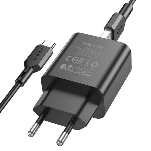 Мережевий зарядний пристрій з кабелем Borofone BA72A Spring single port QC3. 0 charger set(Type-C) 18W чорний - фото 1