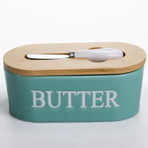 Маслянка порцелянова Yiwu з бамбуковою кришкою та ножем для масла бірюзовий CYT-G - фото 1