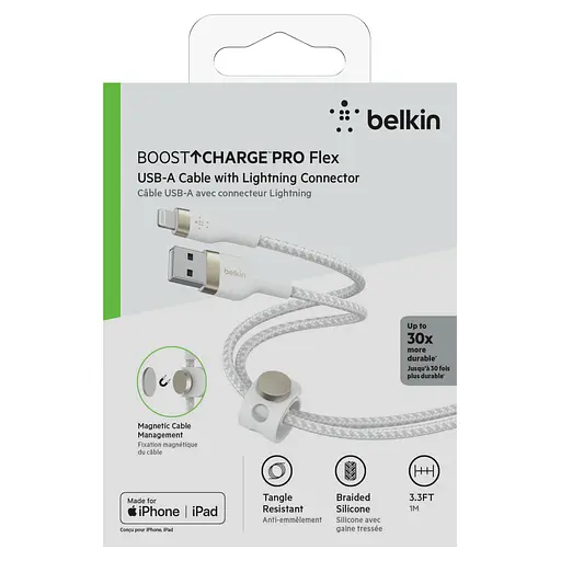 Belkin Кабель USB-A - Lightning плетеный, силиконовый, с ремешком на магните, 1м, белый - фото 2
