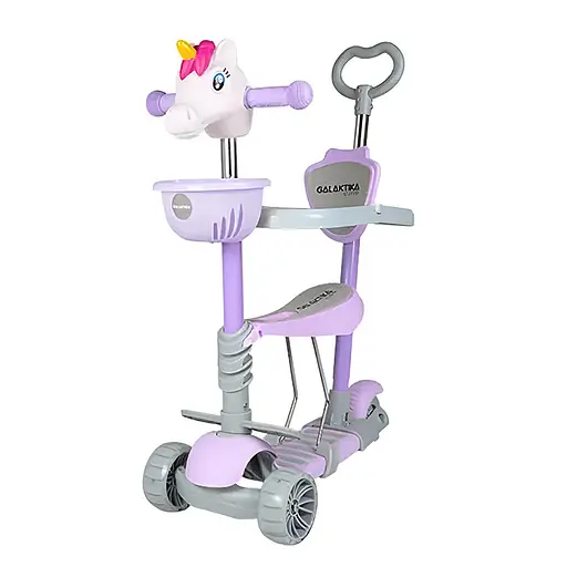 Детский трехколесный самокат 5 в 1 с подсветкой, корзиной и родительской ручкой Galaktika Единорог Фиолетовый - фото 1