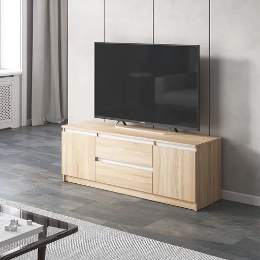 Тумба під телевізор Vays, для вітальні, сучасна, 2 висувних ящика та дві двері, без ручок R-28 Дуб Сонома-Білі планки