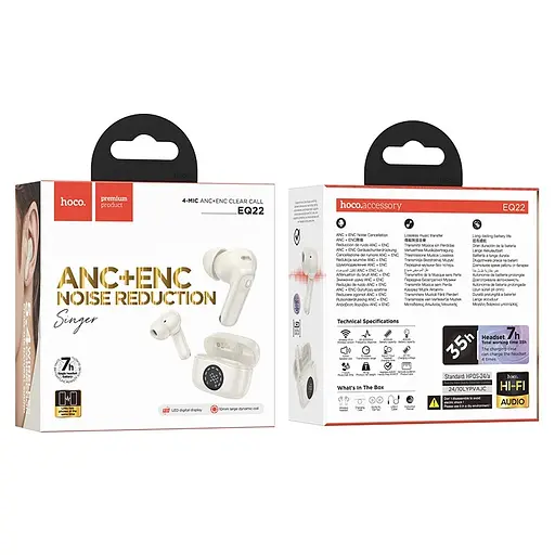 Бездротові навушники Hoco EQ22 Singer true wireless ANC+ENC noise reduction BT headset, BT5.4, 40mAh, 400mAh, 6-7h, white - фото 3