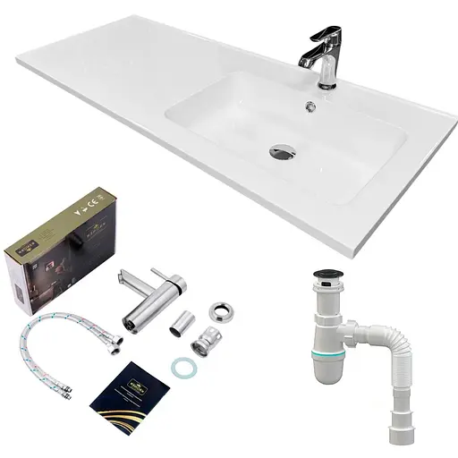 Набір для ванної кімнати Adamant раковина умивальник FLATE 120R штучний камінь прямокутна з сифоном Click-Clack + змішувач - фото 1