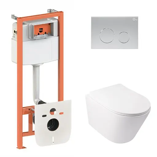 Набор: Qtap Swan Ultra Quiet унитаз подвесной QT16335179W + Nest комплект инсталляции 4в1 (круглая клавиша Satin) QT0133M425 + M11111SAT - фото 1