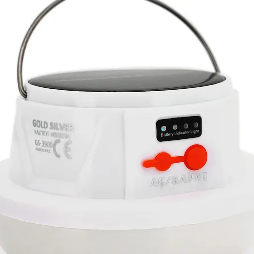 Кемпинговая лампа GOLD SILVER GS-3900+пульт, 5 режимов, корпус-пластик, ударопрочный, ip44, встроенный акум 2500mAh, СЗУ+Solar, White, BOX - фото 3