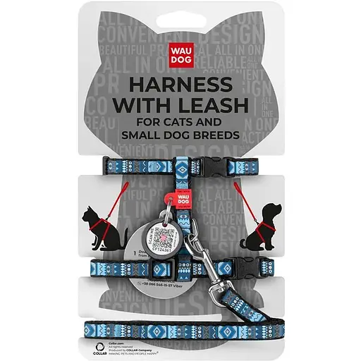 Шлея з повідцем Waudog Nylon з QR паспортом, малюнок "Етно синій", пластиковий фастекс