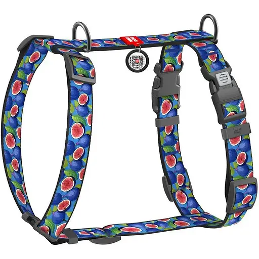 Шлейка для собак Waudog Nylon анатомическая H-образная с QR-паспортом, рисунок "Инжир", пластиковый фастекс, M