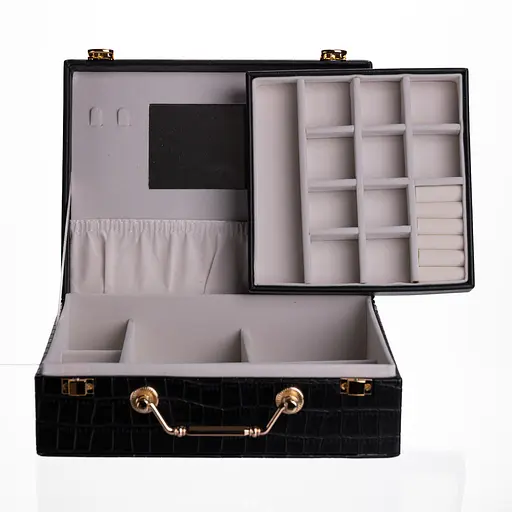 Скринька для прикрас з еко шкіри 19 відділень із дзеркалом 23.5×14×8 см органайзер для прикрас Чорний Yiwu HP-5-20B - фото 6