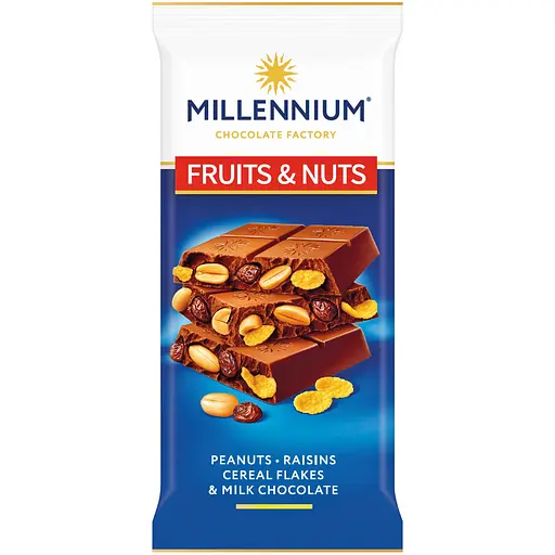 Шоколад Millennium Fruits&Nuts молочний з арахісом, родзинками, злаковими пластівцями та мигдалем 90г - фото 1