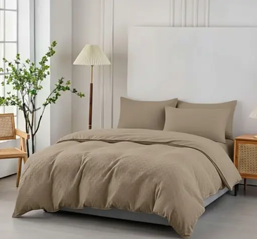 Комбинированное муслиновое постельное белье Primavara в цвете Тауп Евро с простыней на резинке - фото 1