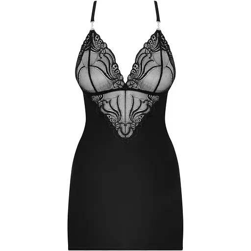 Сатиновый комплект для сна с кружевом Obsessive 828-CHE-1 chemise & Thong S/M, черный