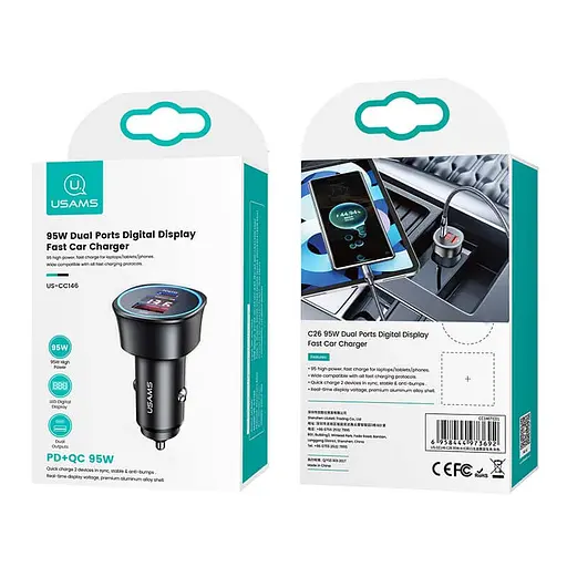 Адаптер автомобильный USAMS 95w Dual Ports Fast Car Charger US-CC146 C26 2 выхода - фото 9