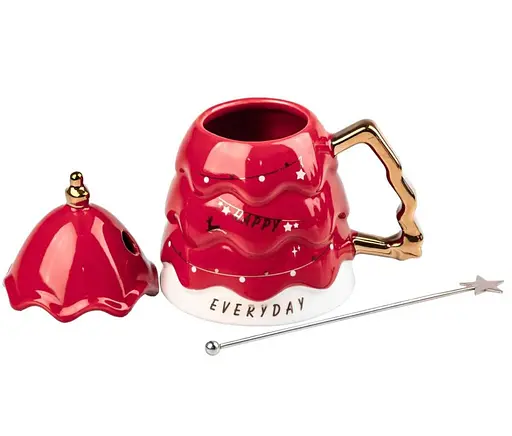 Керамічна чашка Різдвяна ялинка з кришкою та паличкою для розмішування 460 мл Червоний - фото 2