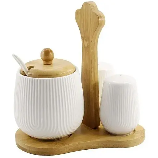 Набір Interos  PJ03433 цукорниця, сільничка, перечниця порцеляновий на бамбуковій підставці