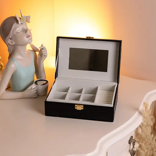 Скринька для прикрас з еко шкіри 10 відділень з дзеркалом 20×14×8 см органайзер для прикрас Чорний Yiwu HP-5-19B - фото 2