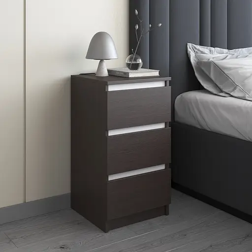 Тумба приліжкова Vays, в спальню, сучасна, 3 шухляди, без ручок R-30 Венге Темний-Білі планки