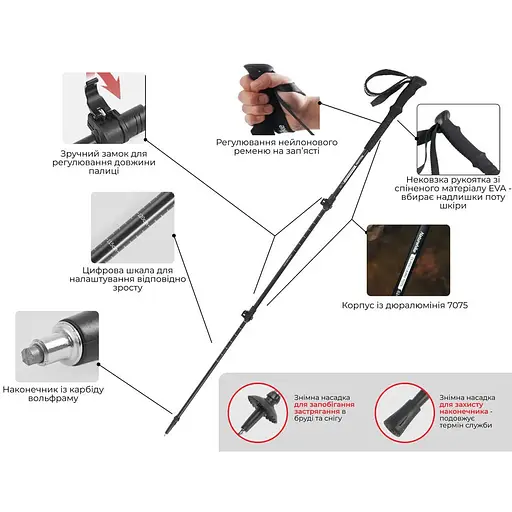 Трекинговая палка 3-сек Naturehike ST 03 7075 AL NH17D017-D серый - фото 6