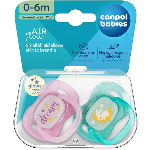 Пустышка силиконовая симметричная Canpol babies NightGlow 0-6 месяцев 2 шт. розовая (34/942_pin) - фото 6