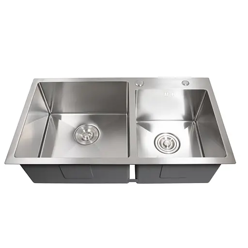 Кухонная мойка 78x43 нержавейка на две чаши Platinum Handmade (круглый сифон, 3.0/0.8), Нержавеющая сталь - фото 1
