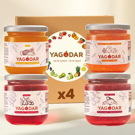 Набор джемов Yagodar 4 вкуса: Клюква, Апельсин, Кизил-Груша, Ананас 840 г