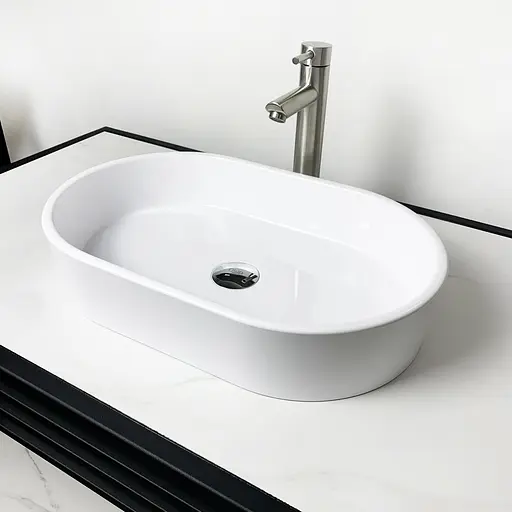 Раковина Adamant умывальник BESTE NEW искусственный овальный камень без предотвращения для смесителя и перелива 540x350x11мм накладной белый - фото 3