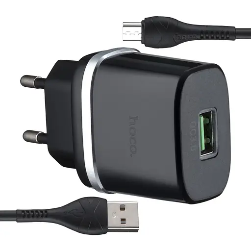 Сетевое зарядное устройство Hoco C12Q Smart QC3.0 charger set Micro (EU) Черный - фото 1