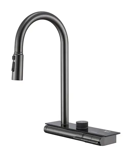 Cмеситель для кухни с водопадом и выдвижной лейкой нержавеющий графитовый Nett OG-38 - фото 1