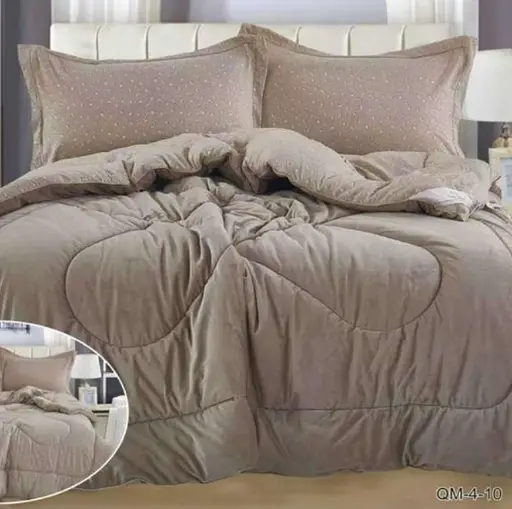 Постільна білизна Laura Grand 4 сезони QM-4-10 комбінована - зимова велюр євро комплект Світло коричневий - фото 1