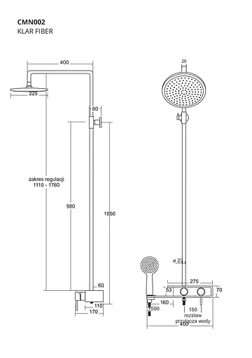 Душова система Corsan Klar Fiber chrome black CMN002BL, Хром - фото 2