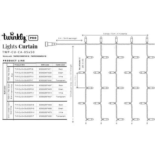 Гирлянда Twinkly Smart LED Pro Curtain RGBW250 AWG22 (TWP-CU-CA-05X50SPP-B) - фото 5