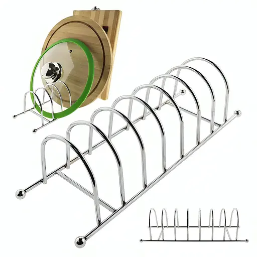 Підставка тримач сушарка для кухонних дощок, кришок та посуду на 7 відділень з нержавіючої сталі 32х10.5 см, Kitchen Master Сріблястий 86391 - фото 2