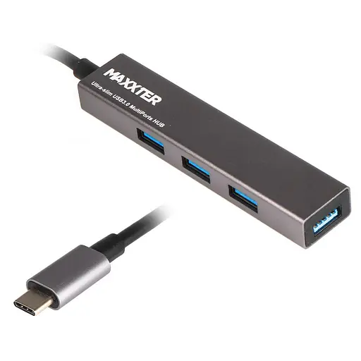 USB-Хаб Maxxter USB 3.0 Type-C HU3С-4P-02 на 4 порти, метал, темно-сірий (HU3С-4P-02) - фото 1