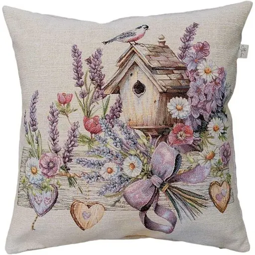 Наволочка гобеленовая Прованс Лавандовый сад Птичка на скворечнике 45х45 см (44300) - фото 1